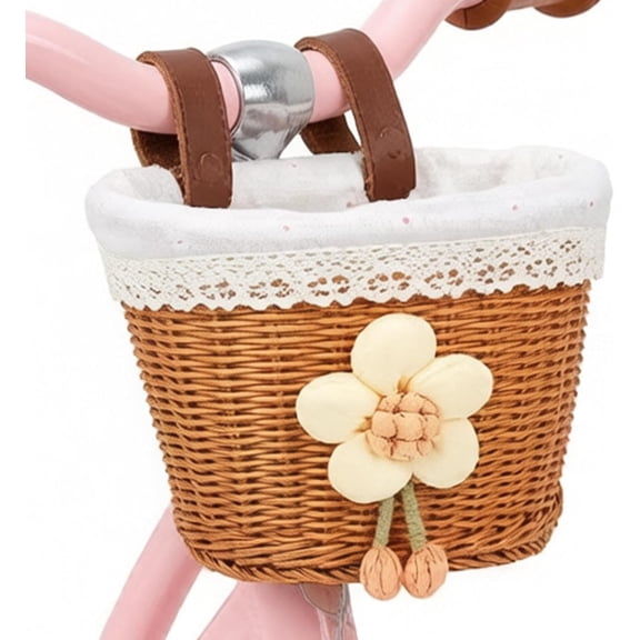 Front Bike Basket for Kids, Adjustable Strap Kids Bike Basket with Flower, Hand-Woven Bicycle Baskets with Lining for Girls and Boys, 21 X 16cm