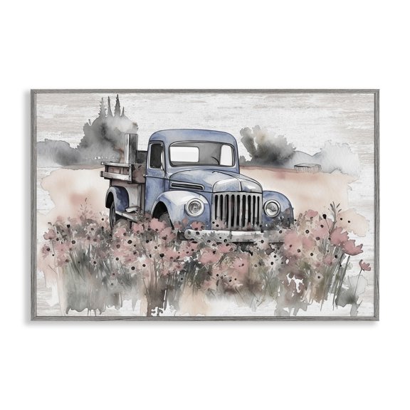 Stupell Industries Pickup in Floral Meadow Transportation Painting Gray Framed Art Print Wall Art, 24 x 16