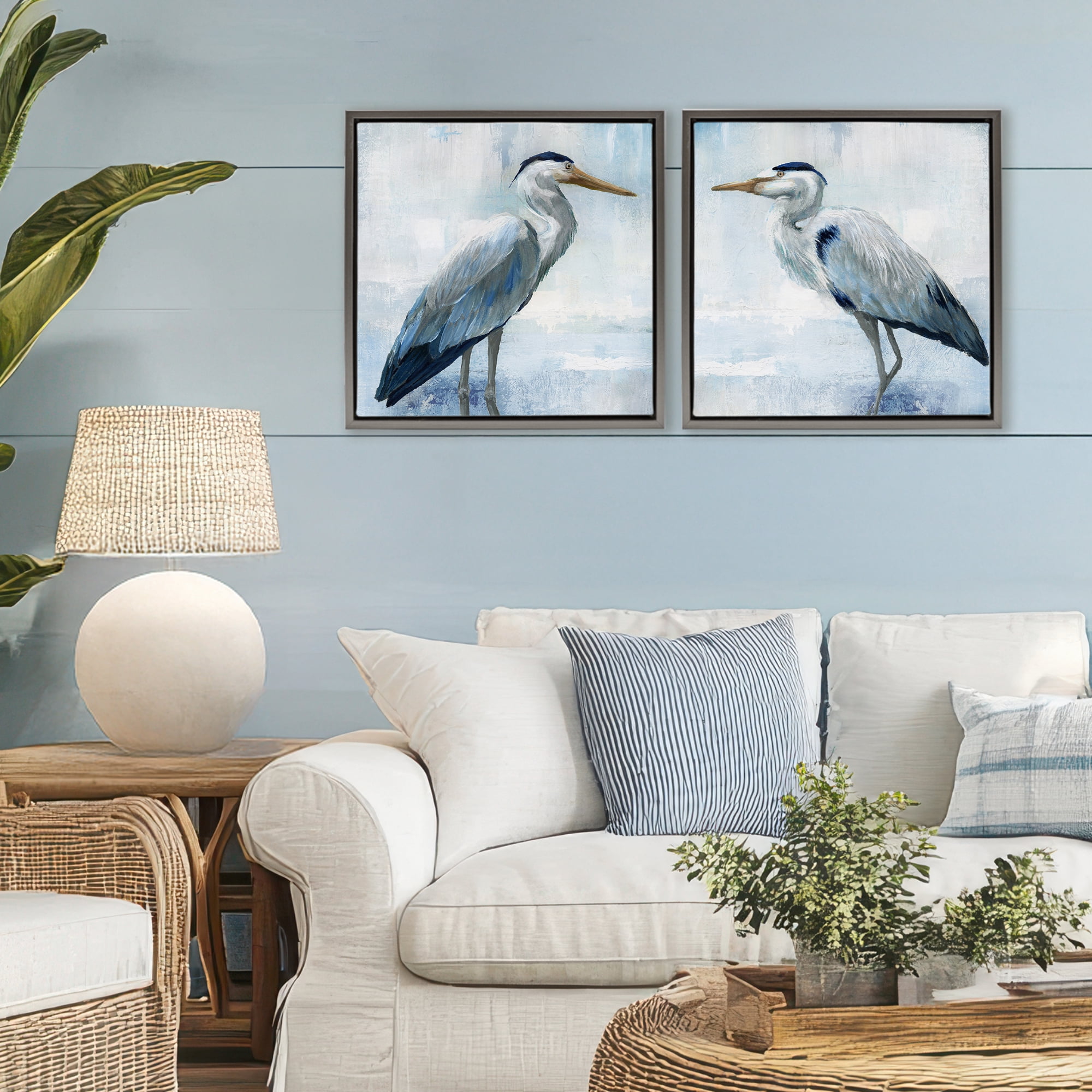 Stupell Industries Faded Blue Coastal Herons 2 Piece Gray Framed Floater Canvas Set, design by Nan