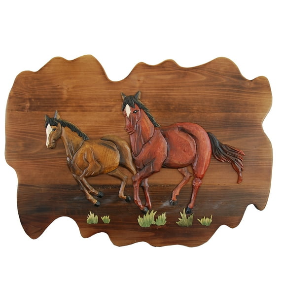 Zeckos Running Horses Hand Crafted Intarsia Wood Art Wall Hanging 26 X 18 X 2.5 inches