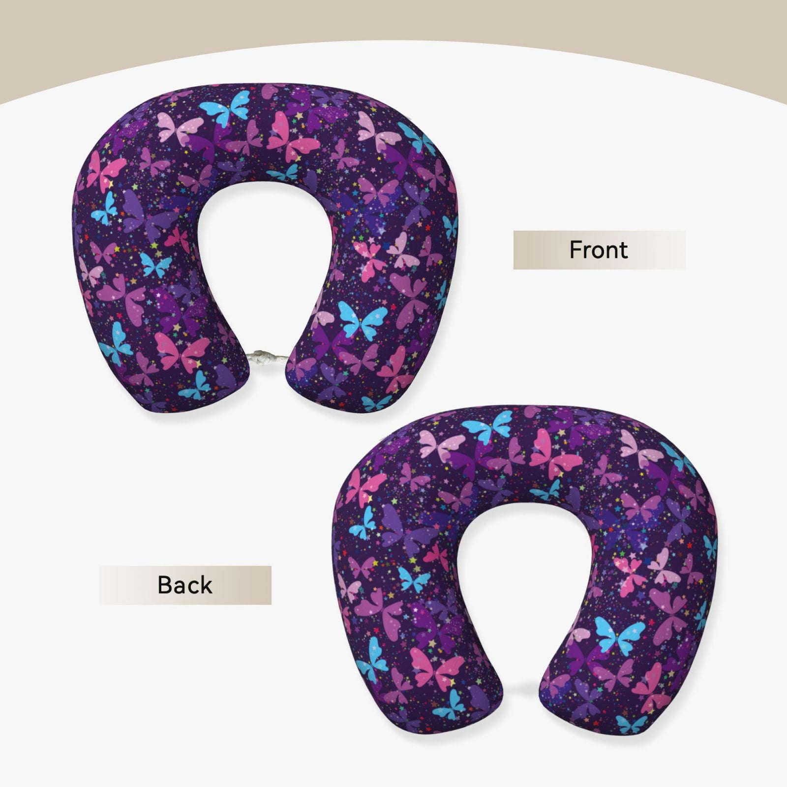 Xecao Bright Purple Butterflies Print Memory Foam Cervical Neck Pillow Versatile U-Shaped Pillows for Home,Office,Camping,Travelling,Soft Washable Cover