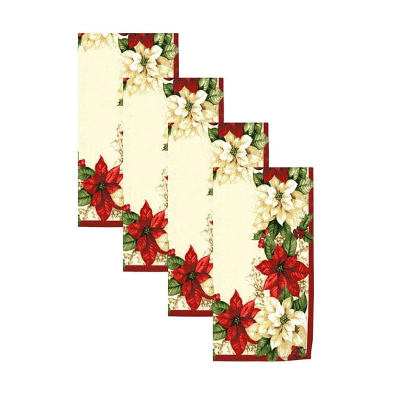 Elrene Home Fashions Red and White Poinsettias Napkin, Set of 4, 17"x17", Multi