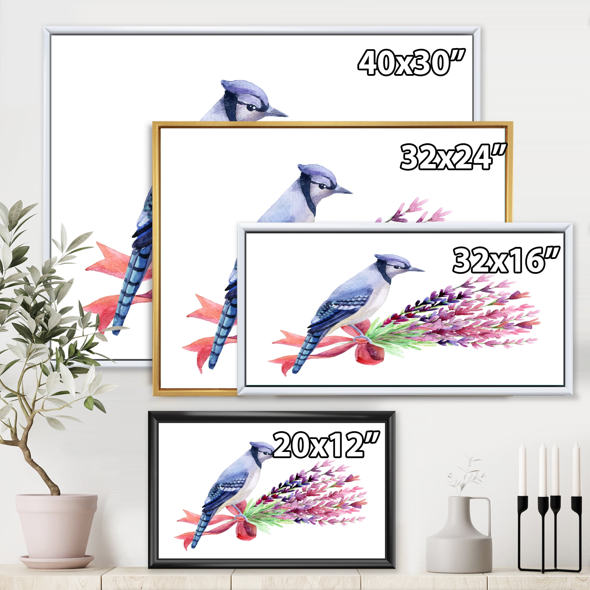 Designart 'Blue Jay Bird On Bouquet Of Pink Flowers' Traditional Framed Canvas Wall Art Print