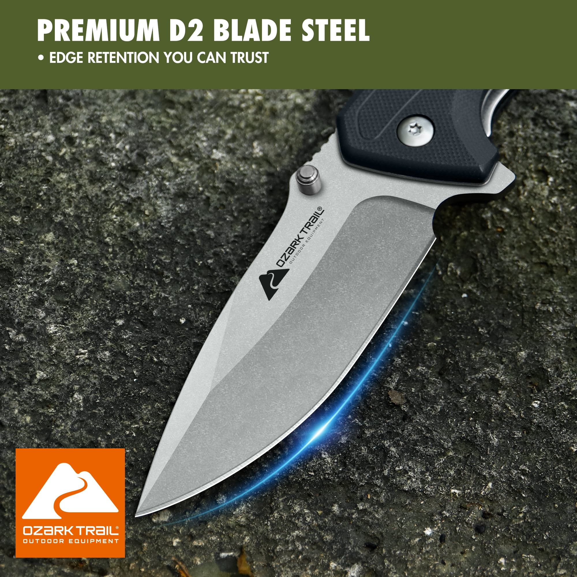 Ozark Trail 8 inch Folding Knife with D2 Steel Stonewashed Blade G10 Handle Reversible Clip
