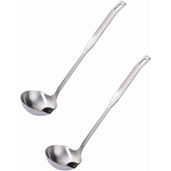 ABCISI Metal Soup Ladle with Tilted Mouth, 2 Piece Multi-Purpose Fat Separator Oil Strainer Serving Spoon Sets for Kitchen Restaurant Cooking Hotpots, Silver