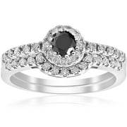 Pompeii 7/8ct Black Pave Halo Diamond Vintage Engagement Wedding Ring Set 14k White Gold