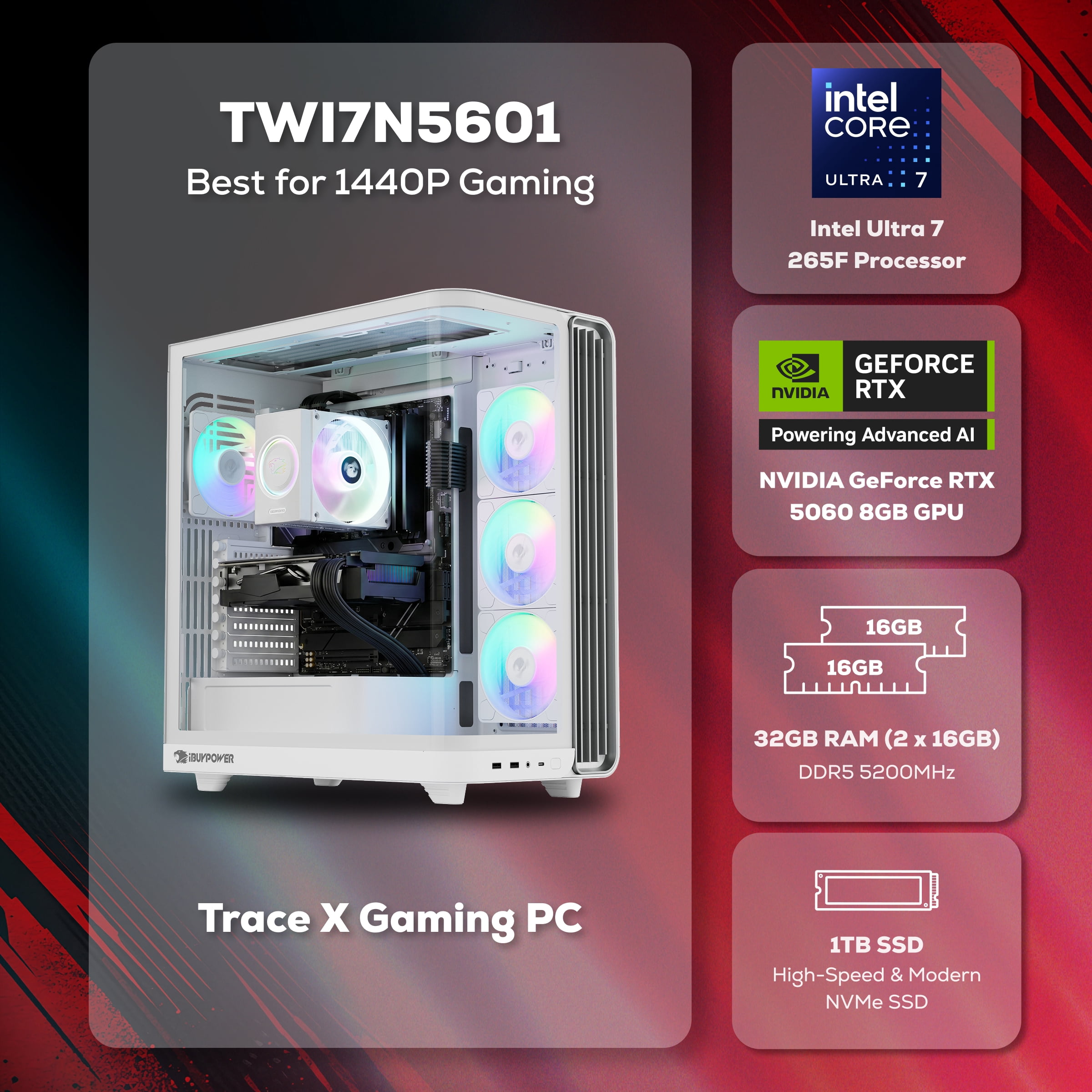 iBUYPOWER Trace Gaming PC Desktop Computer Intel Core Ultra 7 265F CPU, NVIDIA GeForce RTX 5060 8GB GPU, 32GB DDR5 5200MHz RAM, 1TB NVMe SSD, Windows 11 Home, Gamer Keyboard and Mouse - TWI7N5601