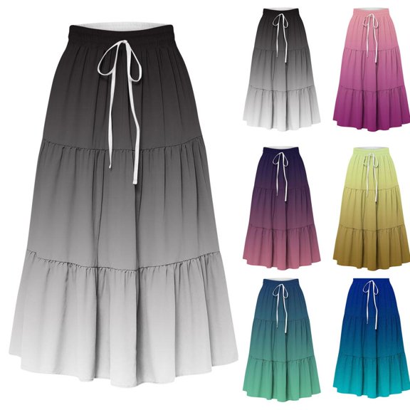 HBBIKVI Midi Summer Skirts for Women Boho Tiered A-Line Skirt with Drawstring and Ombre for Vacation