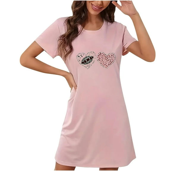 Tao Tao Women's Nightshirts Sleepwear Heart Prints Crew Neck Short Sleeve Nightgown Comfortable Pajamas Nightdress For Valentine's Day Pink M