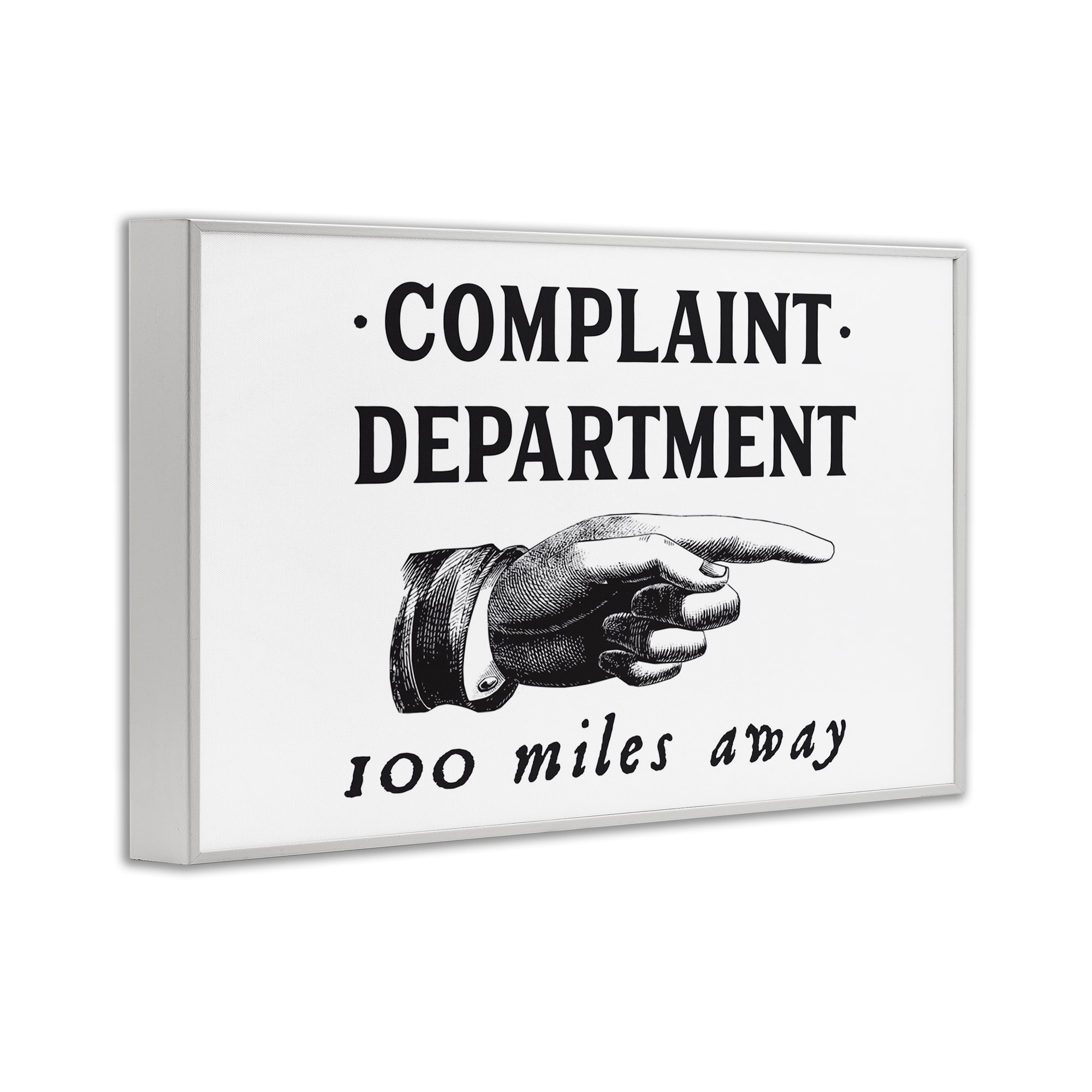 Stupell Industries Complaint Department Pointing Typography Painting White Framed Art Print Wall Art, 24 x 16