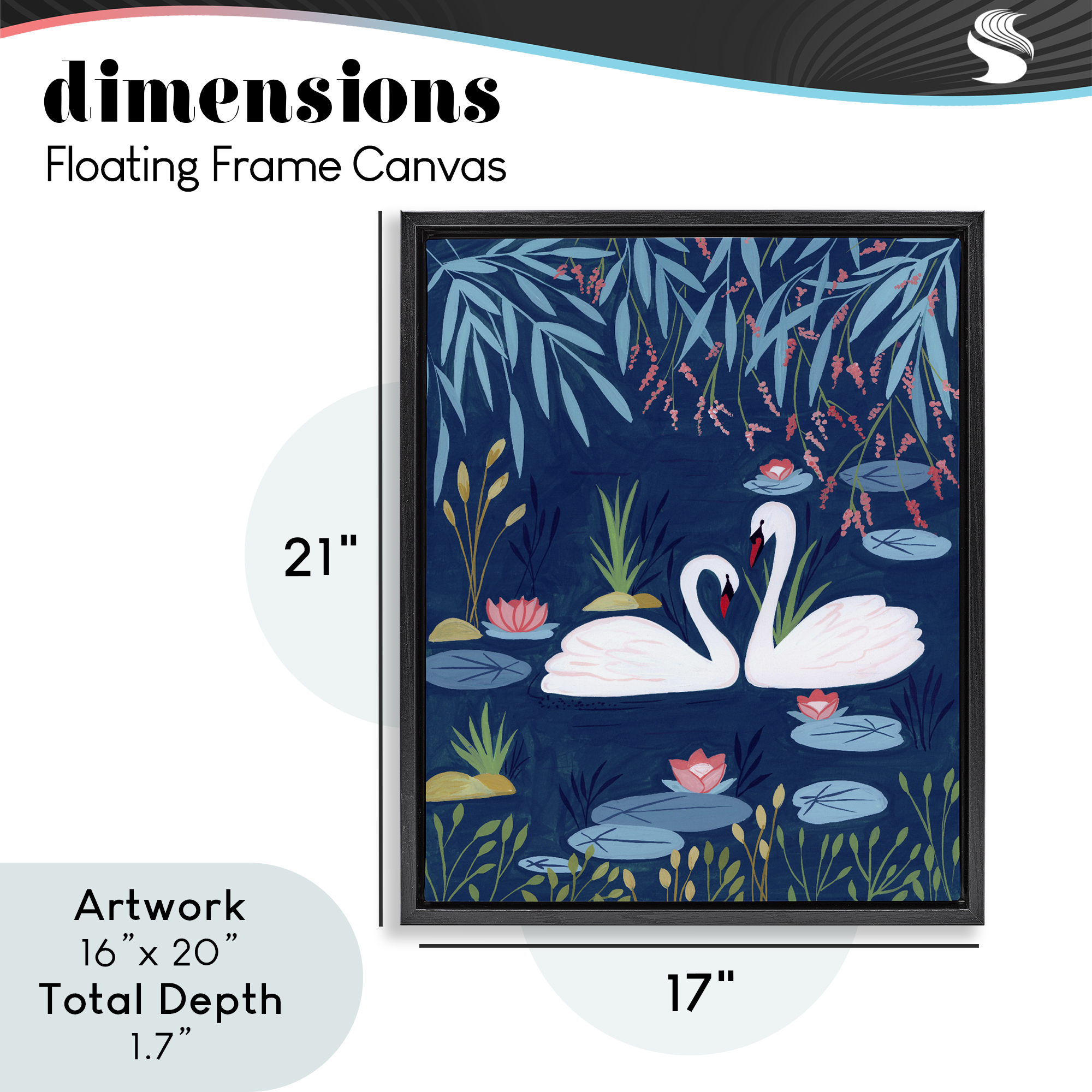Swan Pair on Blue Pond Black Framed Floater Canvas Wall Art, design by Nabeela Rumi