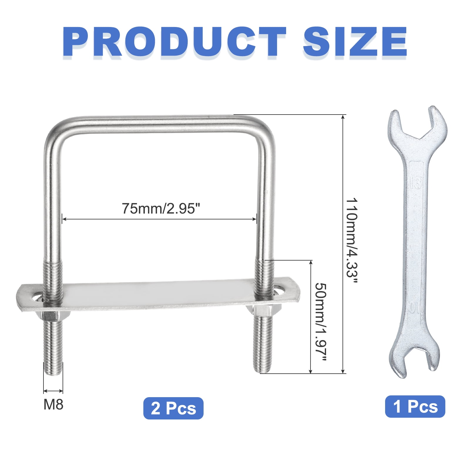 Uxcell 2Pcs M8 U-Bolts, Square Bend U Bolts with Nuts Frame Plate Washers and Wrench for Trailers 2.95"(75mm) Inner Width 4.33"(110mm) Length