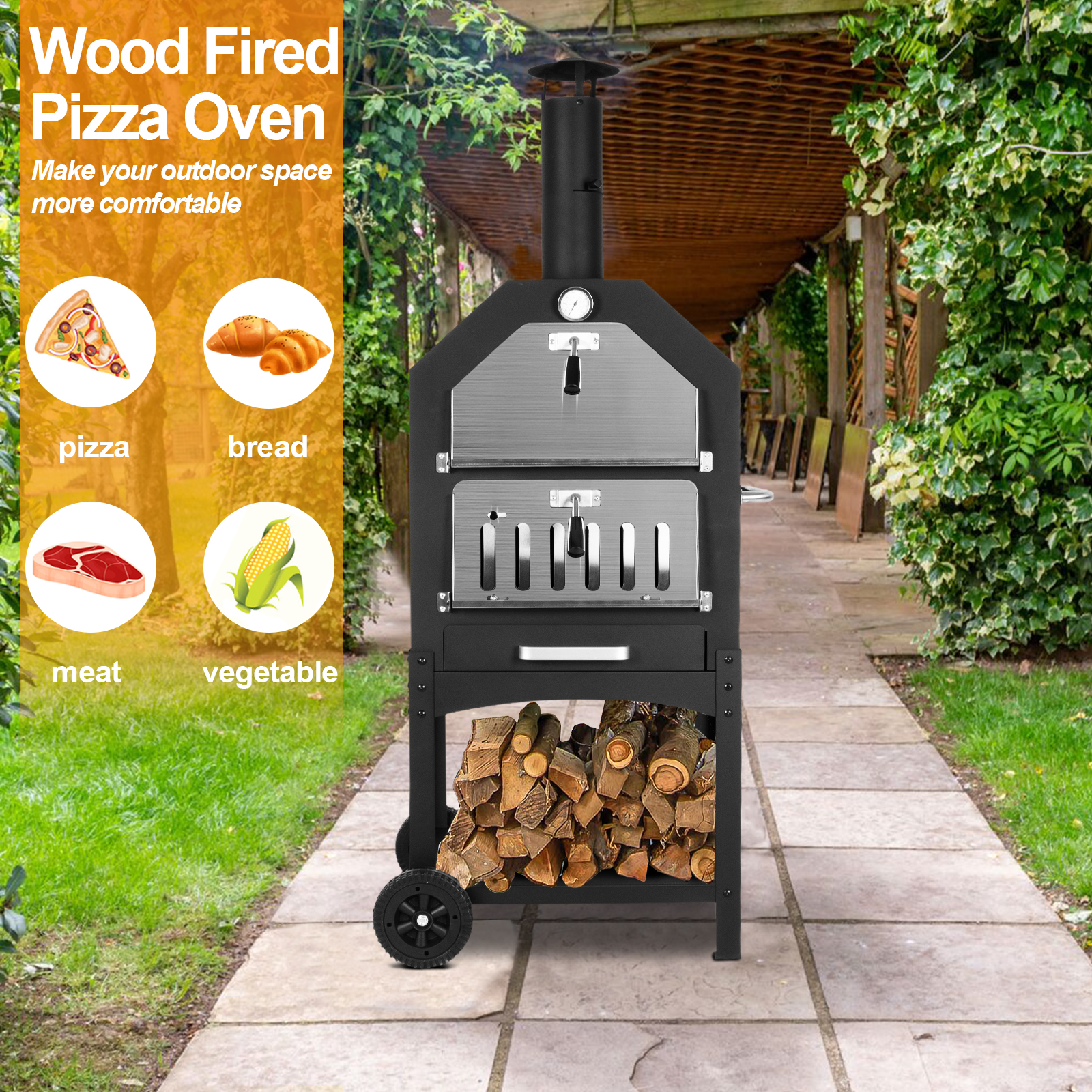 Outdoor Pizza Oven Wood Fired Pizza Oven Patio Portable Pizza Maker Cooking Grill with Wheels Waterproof Cover - image 3 of 7