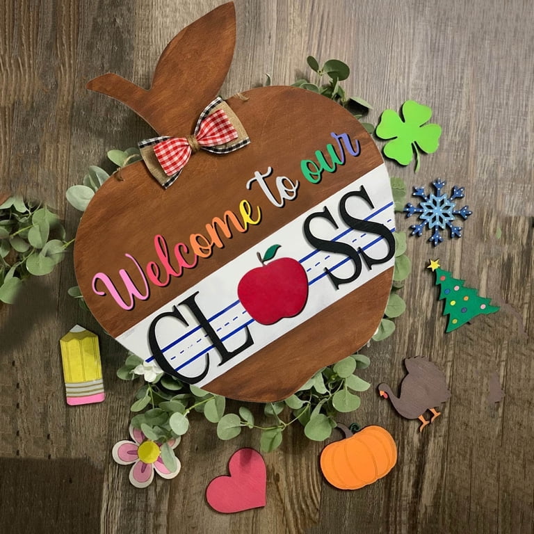 Fall Welcome Sign For Classroom Door - Interchangeable Plaques, 12x12 Inch Wood Sign
