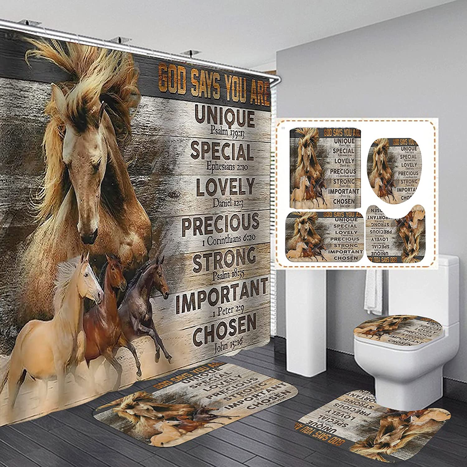 HTBUSC 4PCS Horse Shower Curtain Set Cow Cattle Sheep Hen Farm Animal