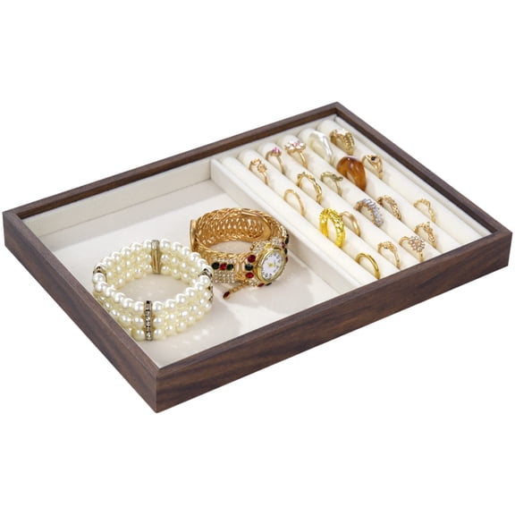 Walnut Wood Jewelry Tray Organizer, 2-Grid Compartment Jewelry Storage & Display Tray with Velvet Lining, Practical Drawer Organizer for Earrings, Necklaces, Rings, Bracelets and Watches