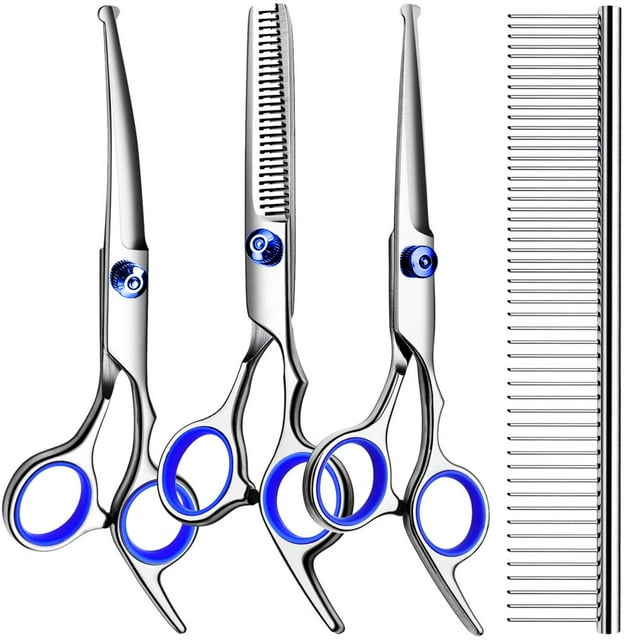 HLONK 5 in1 Dog Grooming Scissors Kit Professional Dog Scissors for Grooming with Safety Round Tips Titanium Coated Grooming Shears for Dogs Cat Pet At Home