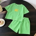 thumbnail image 4 of Rggeeun Child Boys Outfit Sets Solid Color Short Sleeve Crew Neck Smooth Breathable Top & Elastic Waist Wide Leg Shorts for Summer Play Sports Comfort Wear,Green,5-6 Years, 4 of 4