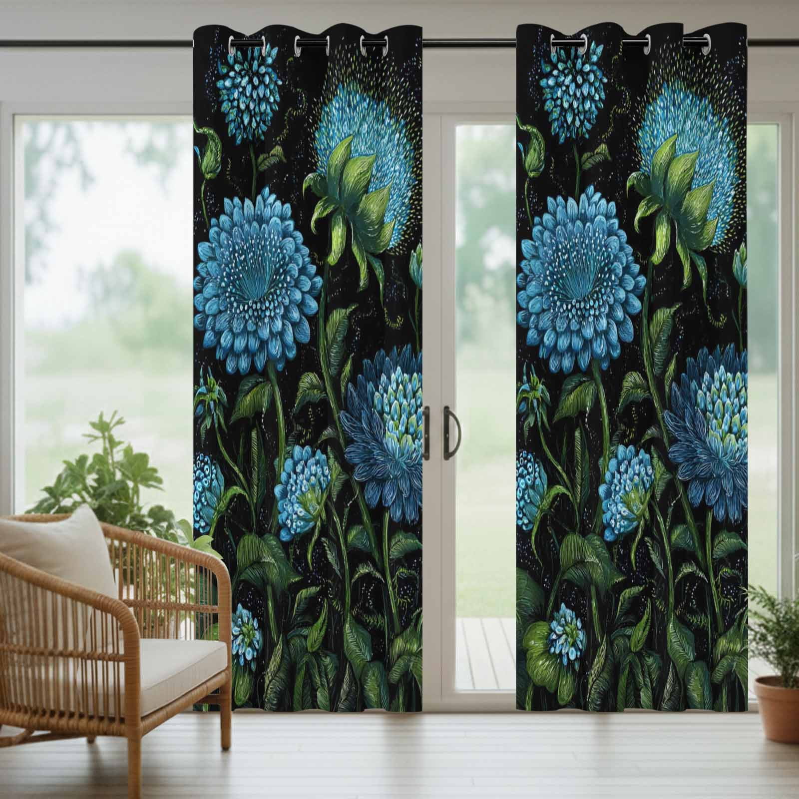 Blue Floral Boho Outdoor Curtains for Patio Waterproof, Grommet Outdoor Privacy Panels, Vintage Abstract Art Botanical Floral Weatherproof Outside Curtains for Porch/Cabana 54"Wx84"L, 2 Panel