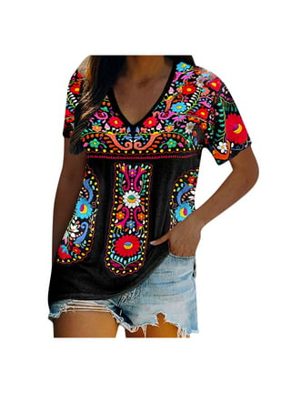 Higustar Women's Mexican Embroidered Tops Bohemian Style Peasant 3/4 Sleeve  Shirts Boho Tunic Blouses Hippie Clothes