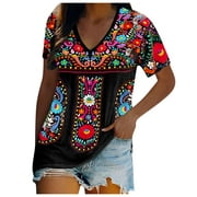 Yyeselk Women's Mexican Embroidered Tops Traditional Boho Hippie Clothes Peasant Blouse Bohemian Short Sleeve Sexy V-Neck Shirt Tunic Black S
