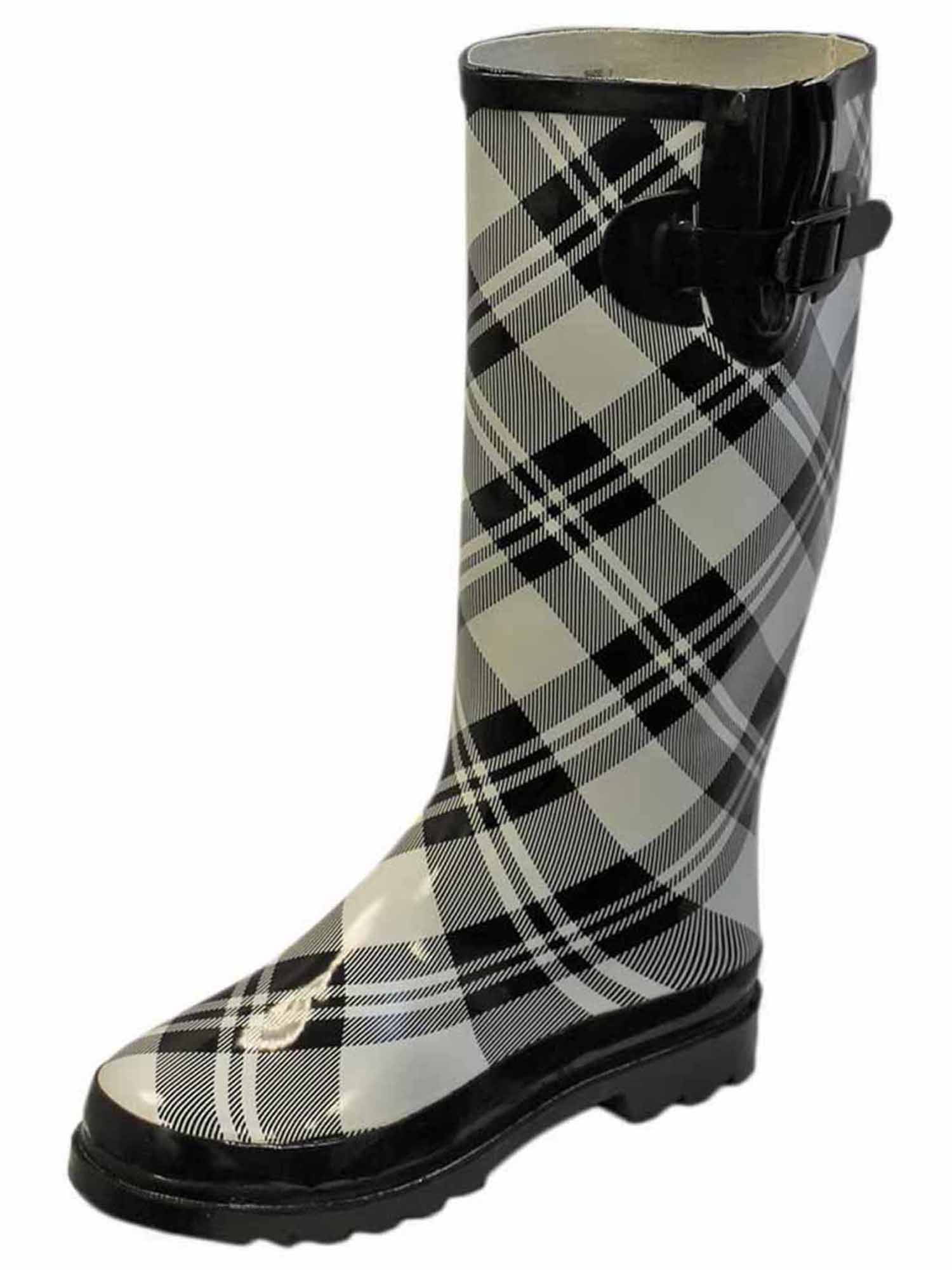 black and white plaid rain boots