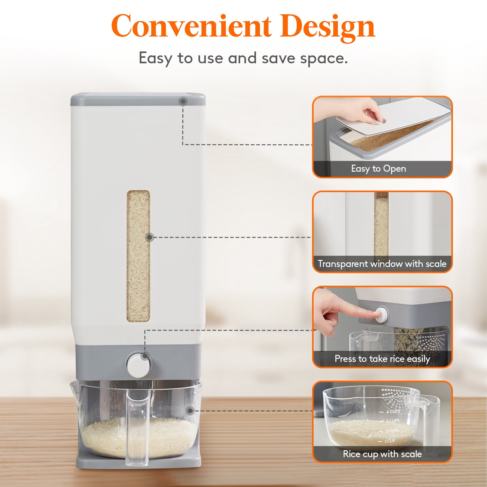 Lifewit Rice Dispenser 25 lbs, Rice Storage Container Moisture Proof with Measuring Cup, BPA-Free, Gray