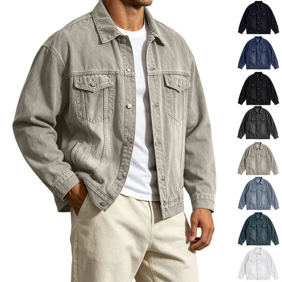 Xaqiouau Men's Vintage Washed Denim Jacket Loose Fit Jean Coat Classic Versatile Workwear Outerwear Casual Trucker Jacket with Pockets Street Style Khaki S