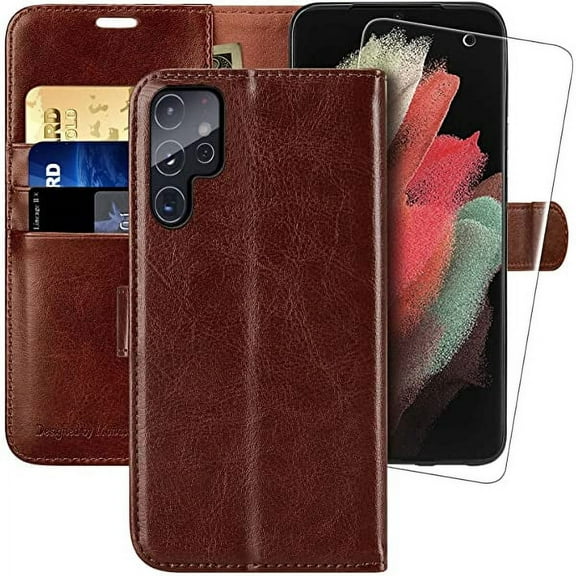 MONASAY Wallet Case Compatible for Galaxy S22 Ultra 5G, [Included Screen Protector][RFID Blocking] Flip Folio Leather Cell Phone Cover with Credit Card Holder, 6.8 inch