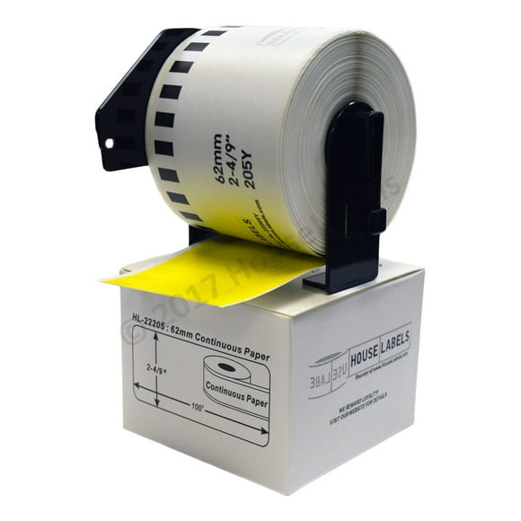 HOUSELABELS Compatible avec DK-2205 Rouleau de Remplacement pour Imprimantes d'Étiquettes Brother QL; Étiquettes Jaunes Longueur Continue; 2-4/9 Pouces x 100 Pieds (62mm*30.48m) avec 1 Cartouche Réutilisable - 1 Rouleau