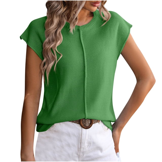 AherBiu Hauts en Tricot pour Femmes Manches Courtes Blouse Décontractée Habillée Col Rond Pull Ample Couleur Unie