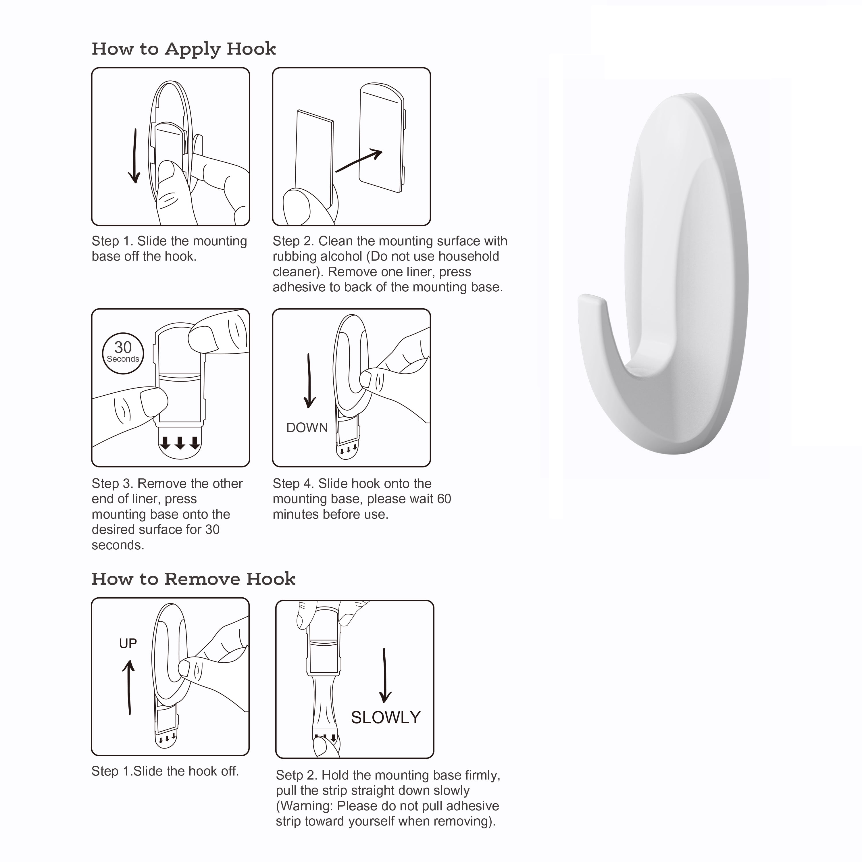 (4 pack) Pen+Gear Plastic Adhesive Medium Wall Hooks, Damage Free, White, 4 Count