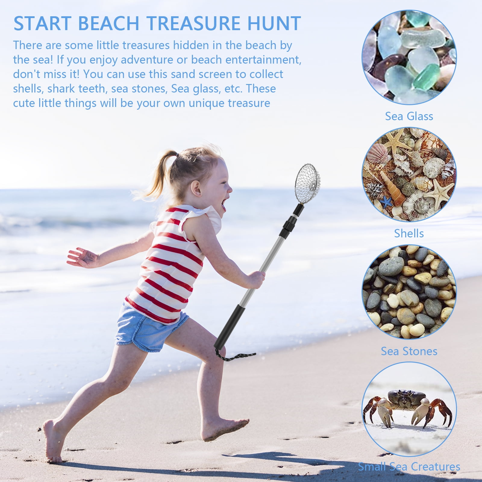 Protoiya 2Pcs Sand Sifters 21.3 to 32.6inch Adjustable Telescoping Beach Shovel Seashell Hunting Rocks Sifting Tool Portable Detachable Shark Teeth Sifter Beach Scoop for Beach Travel