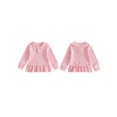 thumbnail image 2 of RUINIXCW Toddler Baby Girl Long Sleeve Shirt Waffled Striped Tops Little Girl Spring Fall Winter Clothes Peter Pan Doll Collar Ruffle Hem Button Shirt, 2 of 10