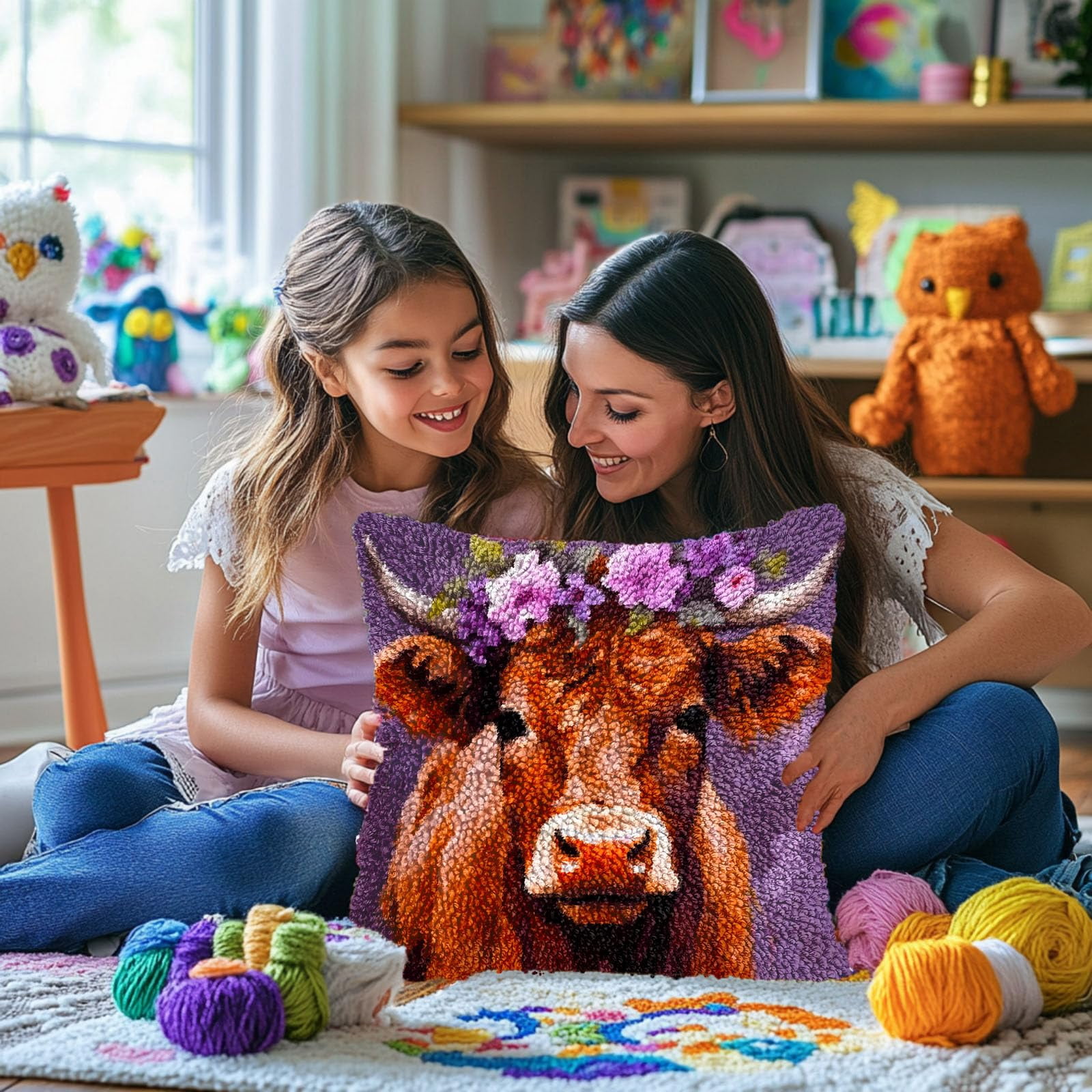 Jersey Cow Wear Wreath DIY Latch Hook Pillow Kits for Adults Printed Pillowcase Crochet Yarns Hooking Handmade Pillow Cover Cushion for Home Sofa Decoration 17x17inch