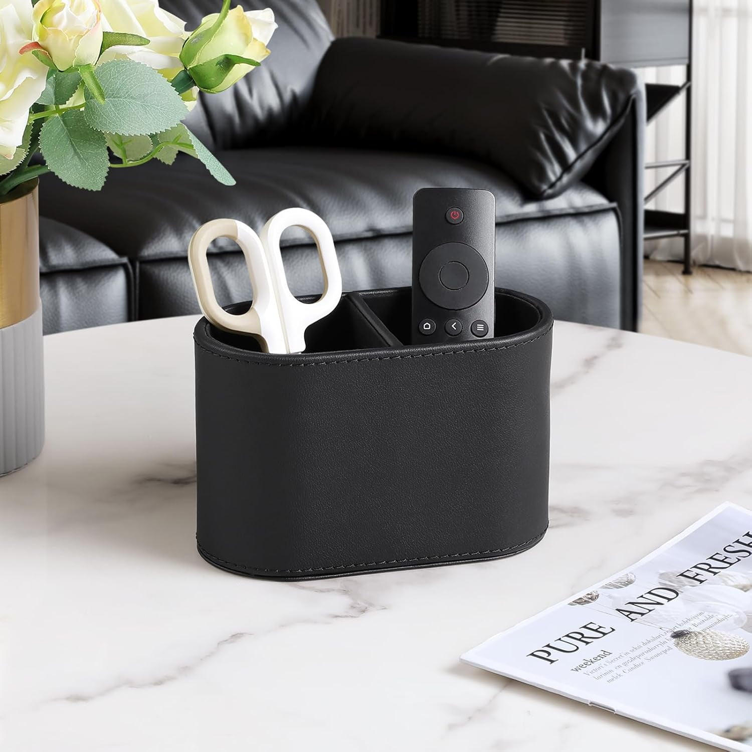 ABCISI PU Leather Pen Holder for Desk, Small Remote Control Holder Pencil Cup Multifunctional Desktop Organizer Caddy for Home School Office Desk Accessories - 2 Compartments (Black)
