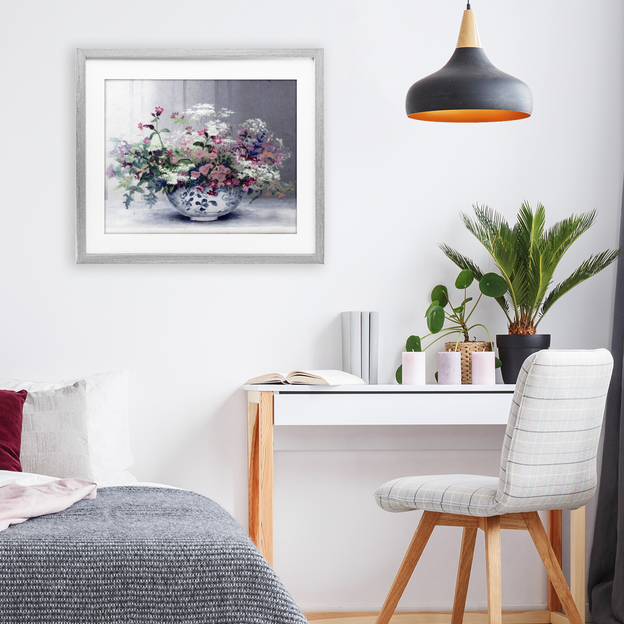 Painterly Elegant Blooms Vase Gray Framed Print Under Glass, design by Lettered and Lined