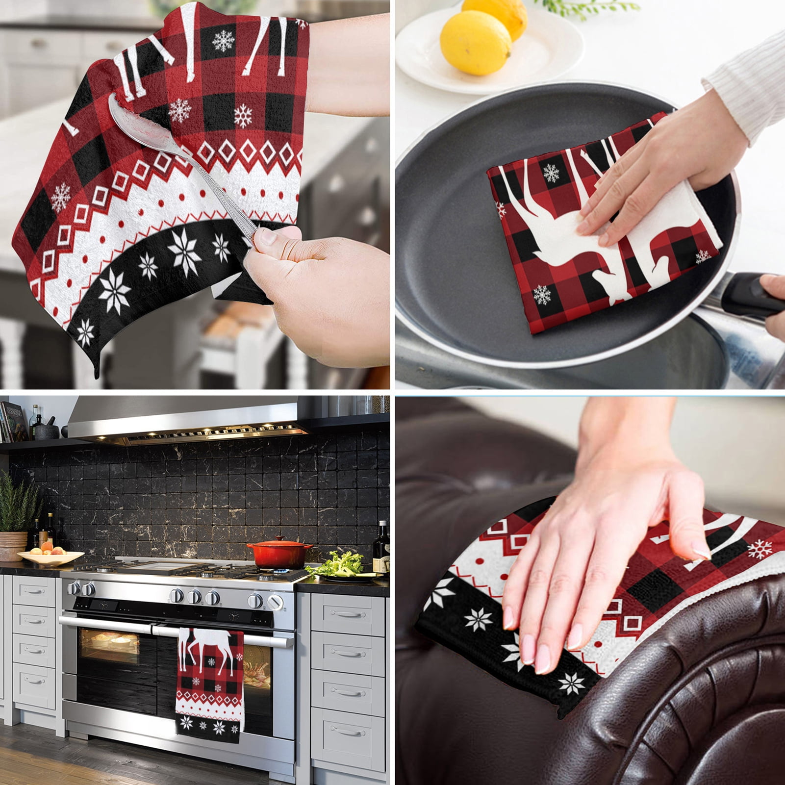 Christmas Kitchen Towels Buffalo Plaid Red and Black Dish Towels Merry  Christmas Hand Towels Decorative Happy Holiday Kitchen Towel Jingle Bells  Tea