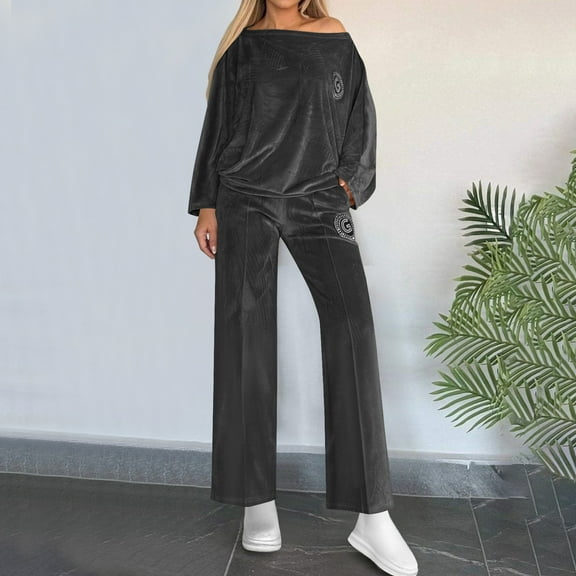 Fewfanhot Womens Sets 2 Piece Outfits Casual Solid Color Printed Long-Sleeved Wide Leg Pullover Top Pantsuit