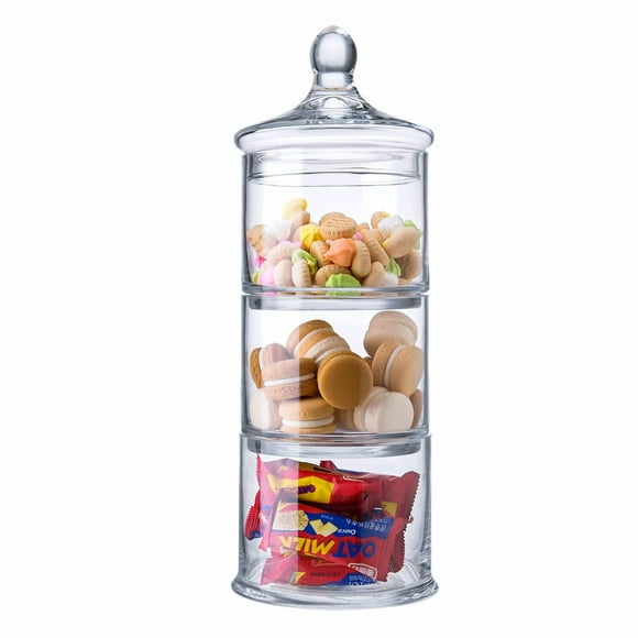 Triple Tier Round Glass Storage Jars - Stackable Canisters for Snacks, Sweets, Animal Treats, Nuts, Coffee Beans, and Building Blocks