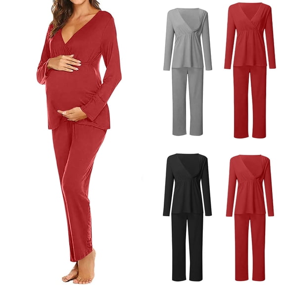 pstuiky Maternity Lounge Sets Nursing Clothes Set Long Sleeve Top and Pants for Pregnancy Postpartum Breastfeeding 2-Piece Outfit Breastfeeding Pajamas
