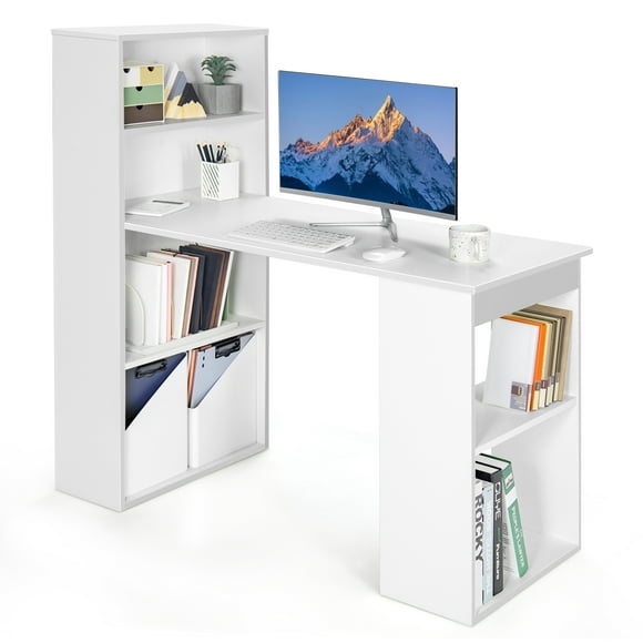 Topbuy 48 Inch Computer Desk with Bookshelf 3-in-1 Home office Desk with 4-Tier Bookcase & CPU Stand Space-saving Reversible Writing Desk White