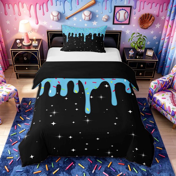 Castle Fairy Ice Cream Drip Twin Duvet Cover, Stars Print Twin Bedding,Black Blue,Black Reversible,2pcs,1 Duvet Cover and 1 Pillowcase