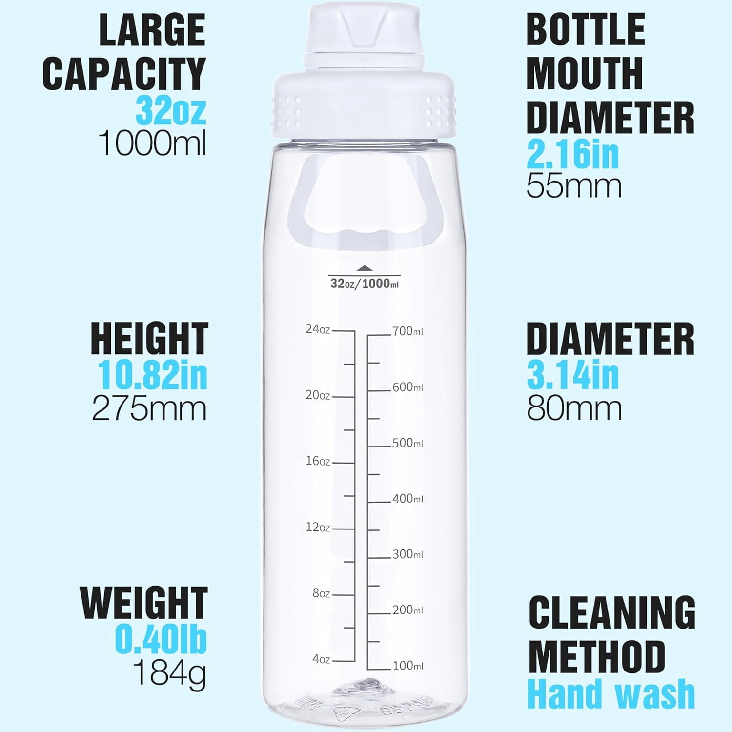 Water Bottle 32oz, clear water bottle with Chug Lid and Carry Handle, Reusable, Tritan, BPA Free, Hiking Water Bottle Suitable for Travel, Outdoors, Gym, Travel, Home, School (Clear)