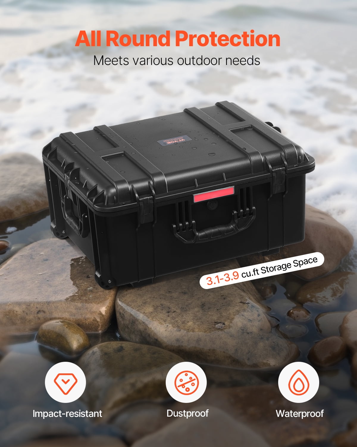VEVOR Weatherproof Hard Case, Heavy Duty Protective Dry Box Case with Pre-Cut Foam, Wheels & Retractable Pull Handles for Travel, Hunt, Military, Tactical, IP67 Waterproof Case for Cameras(63x50x32)