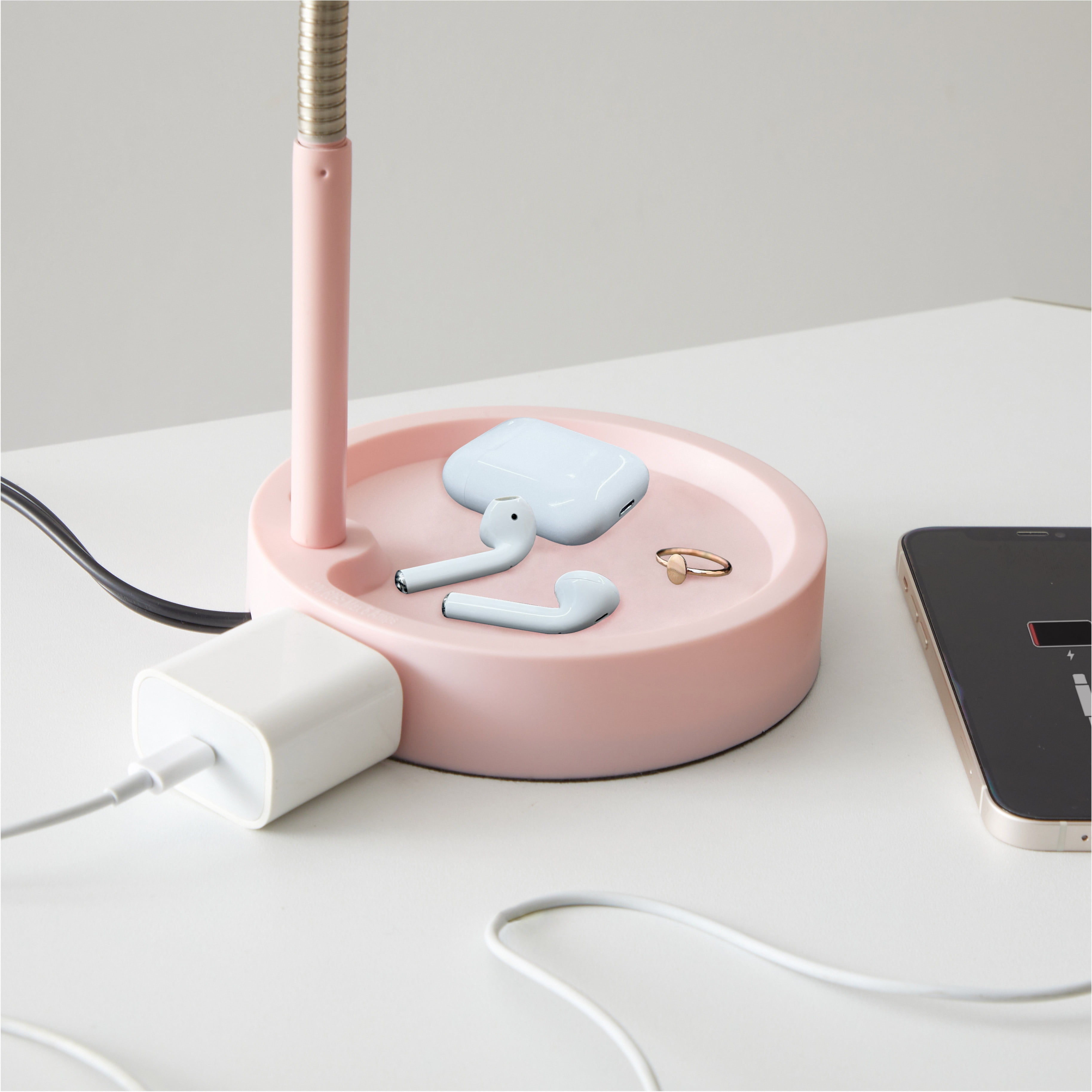 Mainstays LED Desk Lamp with Catch-All Base & AC Outlet, Matte Blush Pink