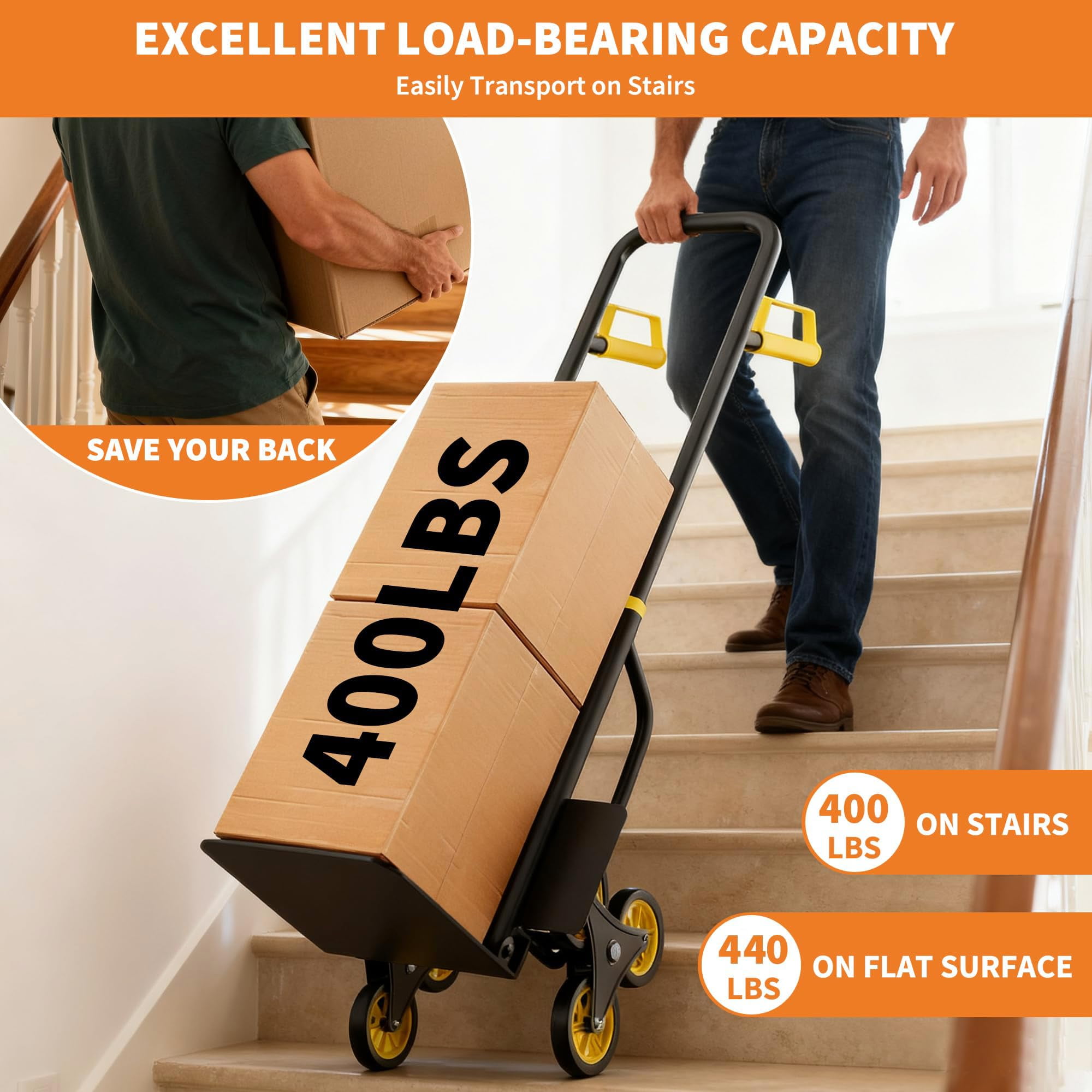Stair Climbing Hand Truck, 440Lb Capacity, Heavy Duty Dolly Cart for Stairs with Six Wheels & Telescoping Handle, Folding Stair Climbing Trolley for Shopping Home Moving Warehouse