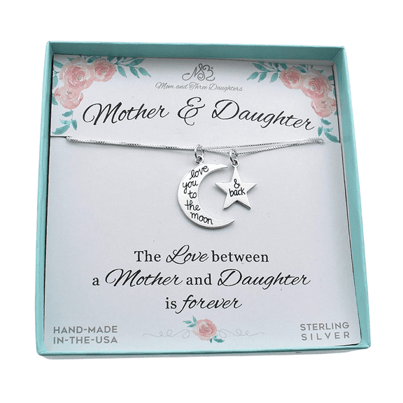 Mother Daughter Necklace Set. Love You to the Moon & Back on 16" and 18" sterling silver Box chain. Mother Daughter Jewelry. Gift for her.