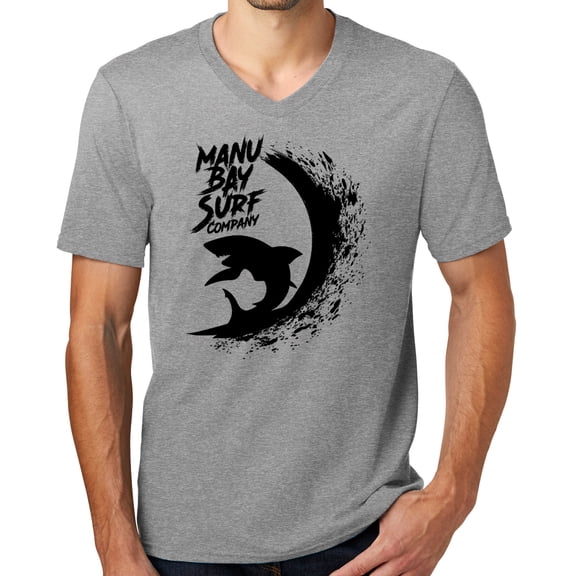 Mens Manu Bay Surf Company BLACK SHARK Surfer T-shirt, 2XL Light Heather Grey