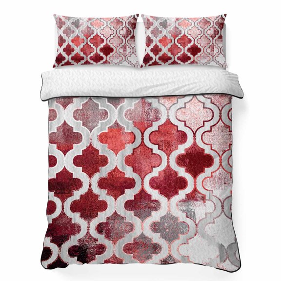 Red Morocco 3 Piece Quilt Bedding Set with 2 Pillow Shams, Abstract Retro Lightweight Bedspread Coverlet, Soft Breathable All Season Quilt, 68 x 86 Inch